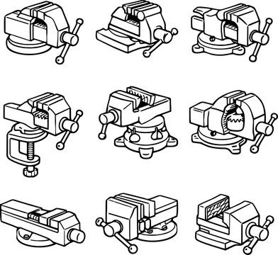 Set of nine different bench vise illustrations in various orientations and styles