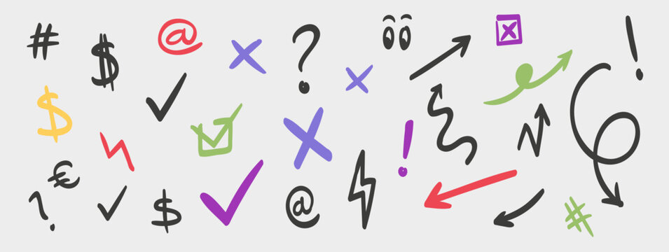 Hand drawn business and finance symbols set. Doodle icons including dollar, check marks, arrows and error signs. Perfect for marketing, analytics, reports and corporate design.