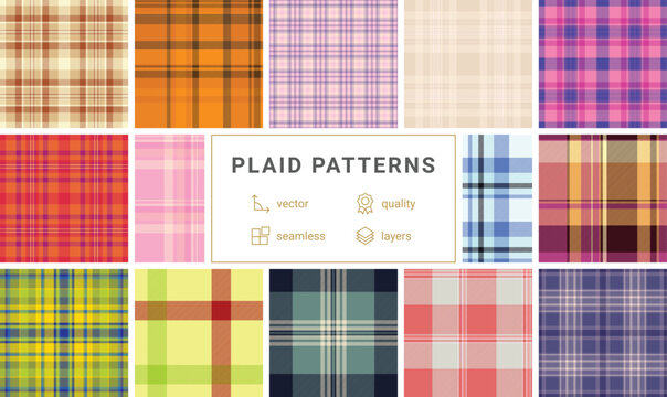 Plaid pattern set for stocking hangers. Classic tartan textures create charming seasonal displays.