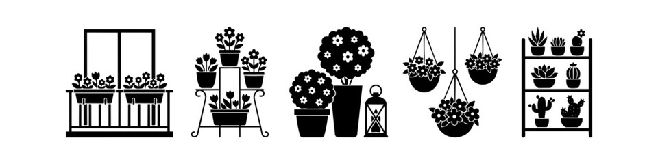 Black silhouette collection of garden and balcony plant arrangements, including window boxes, tiered stands, hanging baskets, and a succulent shelf for outdoor or indoor decor design. © Nort Kor