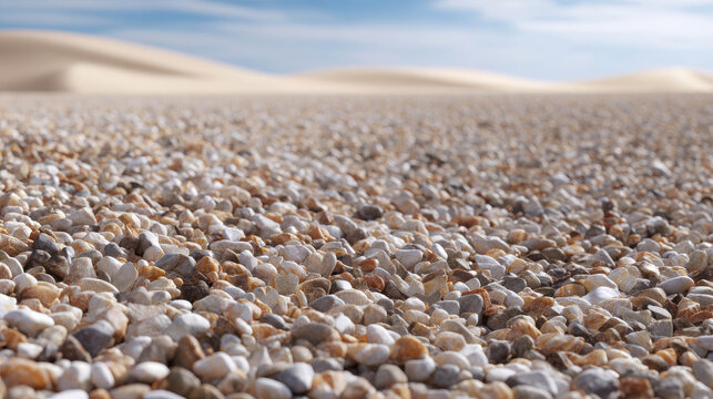 An artistic ground-level view of sand, pebbles, and dunes under a clear, bright sky. This natural landscape evokes a sense of tranquility and vastness
