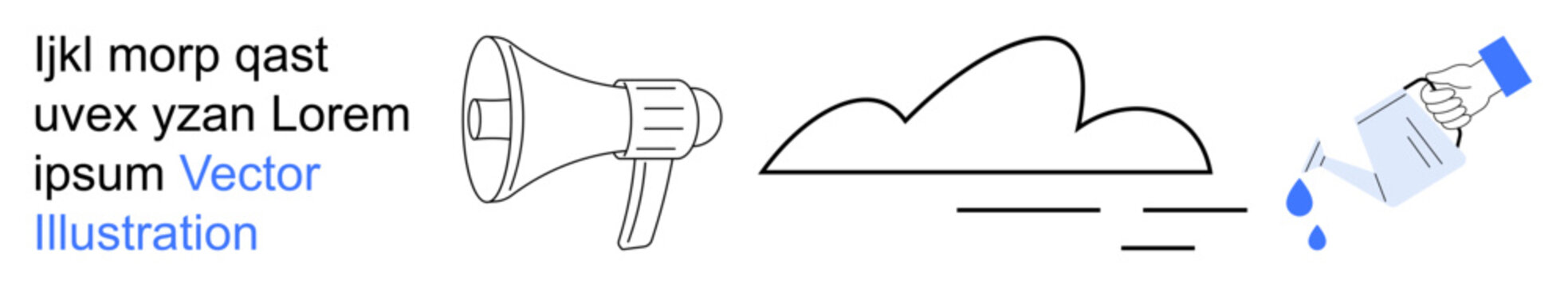 Communication, weather, environmental awareness, digital media, creativity, visual design. A megaphone, cloud and pouring water in a line-art style. Communication and weather concept