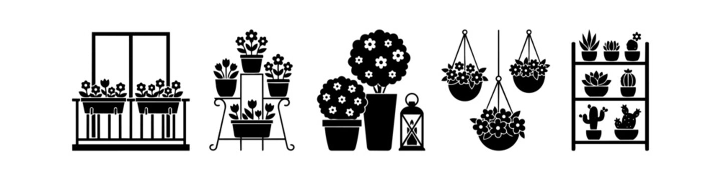 Black silhouette collection of garden and balcony plant arrangements, including window boxes, tiered stands, hanging baskets, and a succulent shelf for outdoor or indoor decor design.
