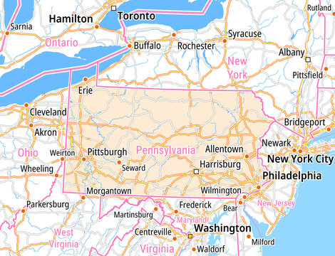 Map of the State Pennsylvania (United States of America) and neighboring states for small print size.