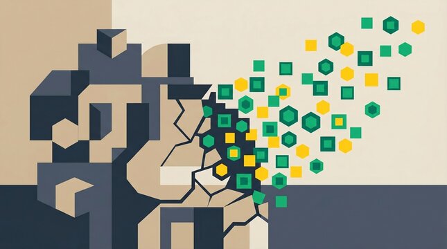 Abstract isometric vector illustration of a solid geometric block structure breaking apart into floating green and yellow data particles representing decentralization