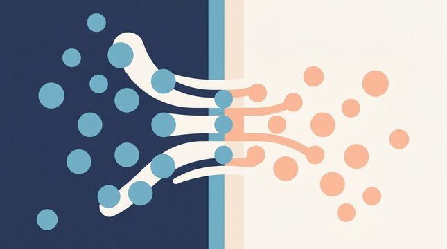 Abstract flat vector illustration of blue particles flowing through a filter barrier and transforming into orange particles representing data processing and conversion