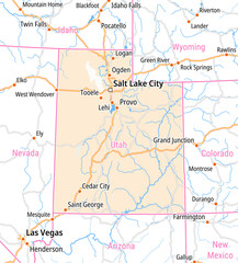 Map of the State Utah (United States of America) and neighboring states for small print size. © TipTopMap
