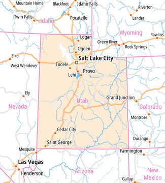 Map of the State Utah (United States of America) and neighboring states for small print size.