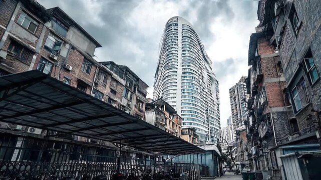 Modern Curved Skyscraper Rising Above Narrow Urban Alley Under Cloudy Sky seemles looping Video 4 K quality 