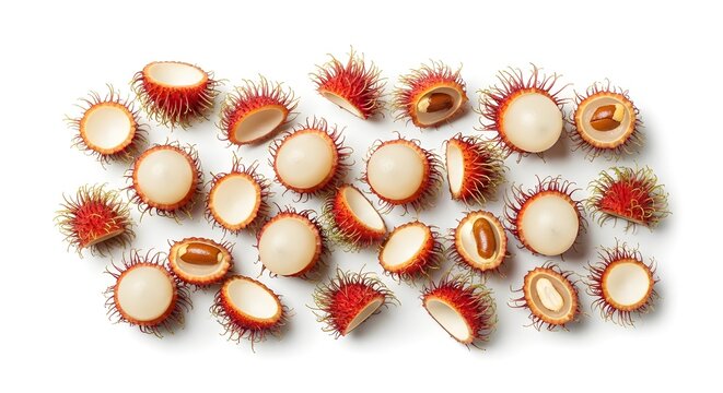 golden rambutan fruits with spiky shells arranged in circular pattern on white background for tropical food concept