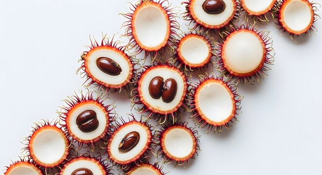close-up of vibrant red and white rambutan fruits with spiky shells on white background for tropical food concept