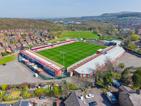 Accrington, Lancashire, United Kingdom. 04.23.2026 Aerial image of Accrington Stanley's Crown Ground Stadium also known as the Wham Stadium. 23rd April 2026.