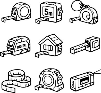 Set of various tape measures and digital measuring tools in a line illustration style