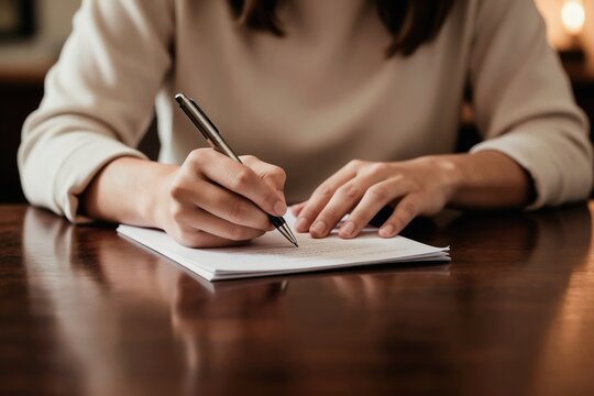 Person writing on document paper with pen at table. Focused individual completes task indoors. Warm light creates calm mood. Focus on hands and writing.