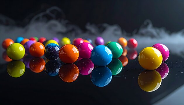 Colorful spherical objects arranged on a reflective surface with wisps of smoke, diverse collection, vibrant hues, playful mood