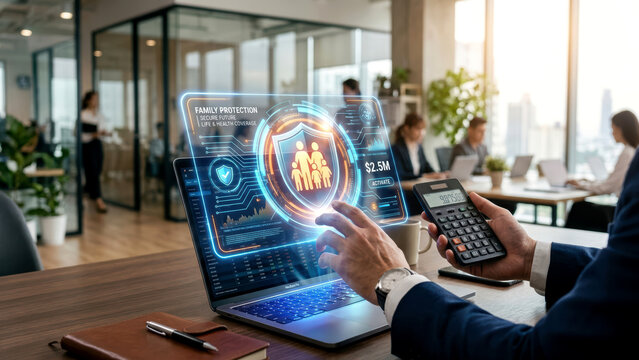 Professional securing family's future with advanced holographic life and health insurance planning.