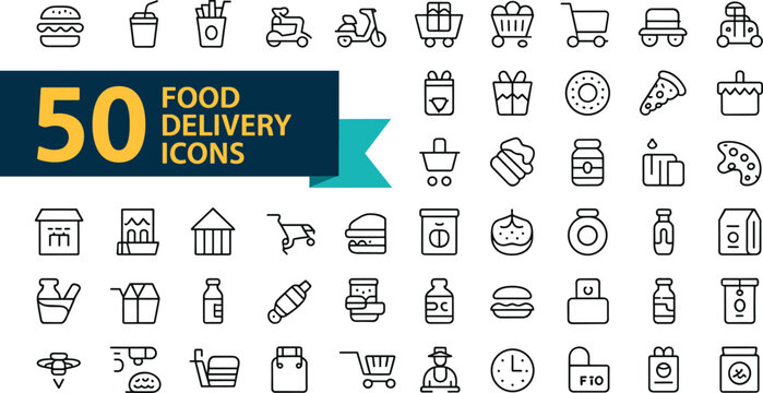 Food Delivery Icon Set Featuring Burger, Pizza, Scooter, Drink, Box, Donut, and Takeout Symbols for Digital and Vector Design Projects