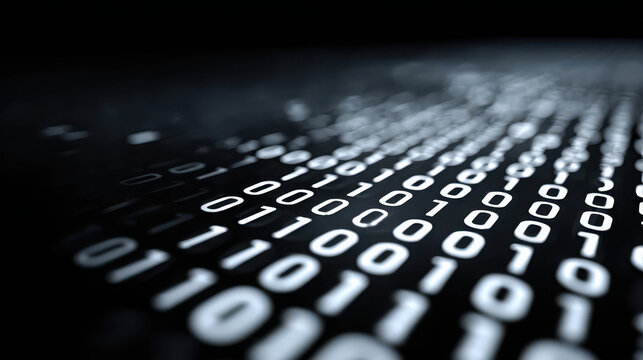 A digital array of binary code arranged in rows, representing the world of data and information processing. The composition has an emphasis on the digital world and complex data