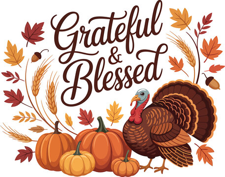 Grateful and blessed thanksgiving greeting with turkey pumpkins and leaves T-Shart design isolated on transparent background
