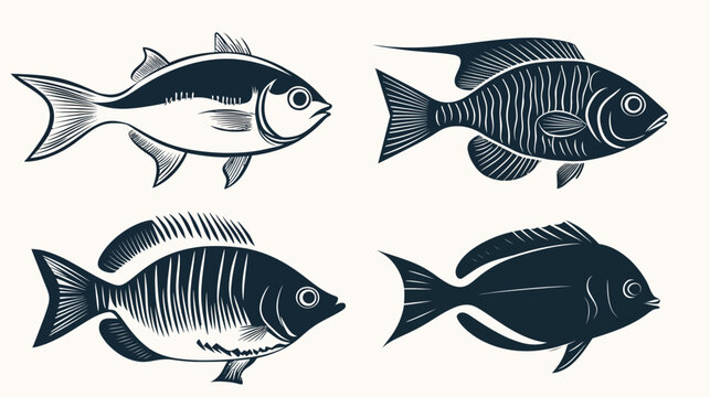 Four stylized illustrations of fish in a monochromatic palette, various designs