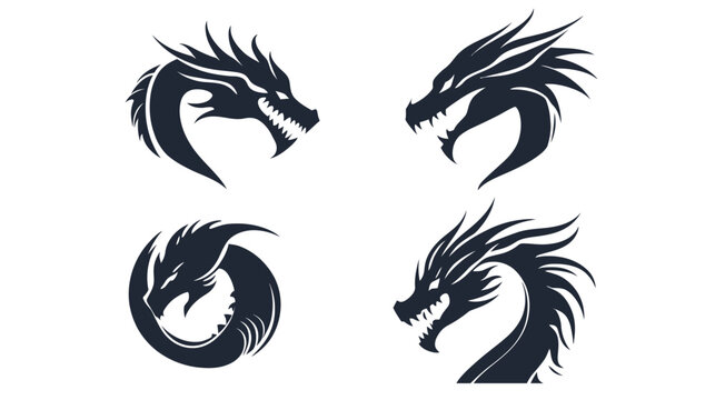Four stylized dragon illustrations. Each depicts a dragon head in a different pose and orientation