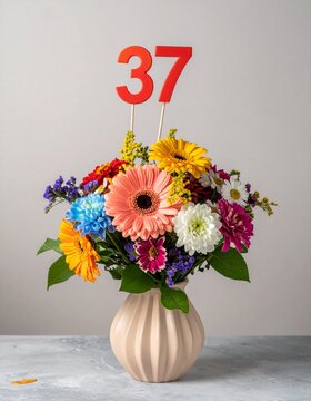 Vibrant Flower Bouquet with Number 37 for Birthday or Anniversary Celebration