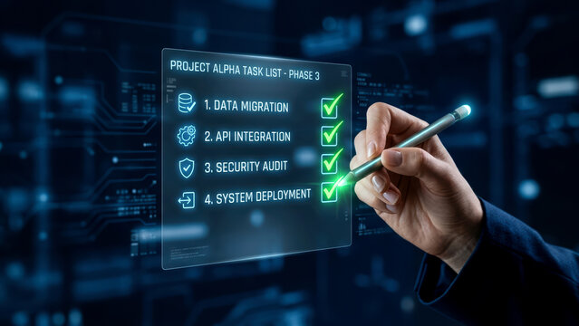 Hand completing project tasks on a futuristic virtual screen, ensuring data migration, integration, and security.