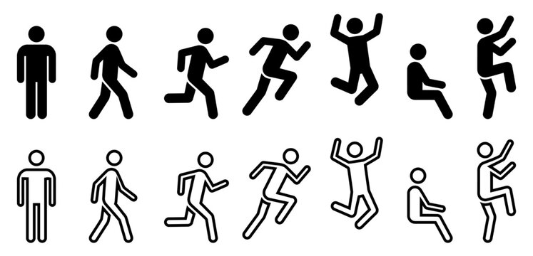 Stick figure man icons showing standing walking and running actions | People symbols in various poses for infographic design | Black vector silhouette