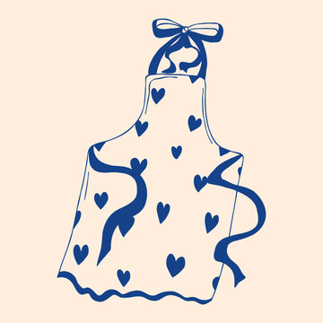 Apron hand drawn vector illustration with ribbon and decorative hearts in line art style. Cozy kitchenwear for cafe menus, packaging, craft branding, and home cooking content