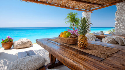 Obraz premium A tranquil beachside view with fruits on the table, inviting serenity. The image has a calm sea with sky blue color and fruit basket on wooden table