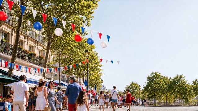 Walking Through a Festive Bastille Day Street Decorated with French Flags