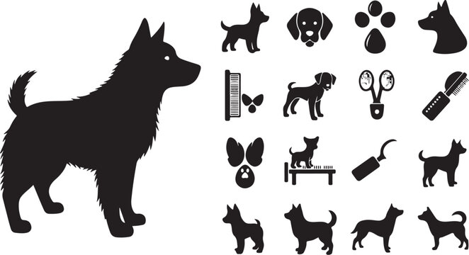 Dog silhouette and pet care grooming icons set with grooming