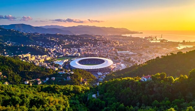 Expansive cityscape at sunset with a modern stadium, coastal view, and golden hour light illuminating hillsides and urban sprawl