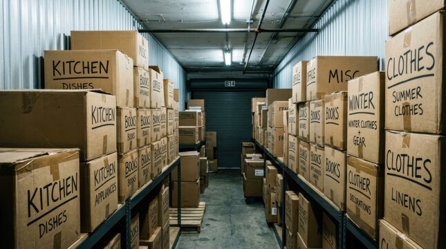 Storage unit filled with boxes labeled with contents for organization.