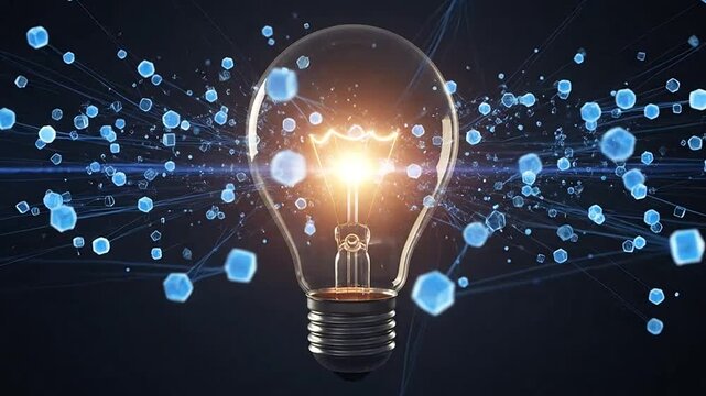 Glowing light bulb with blue molecular particles and lens flare