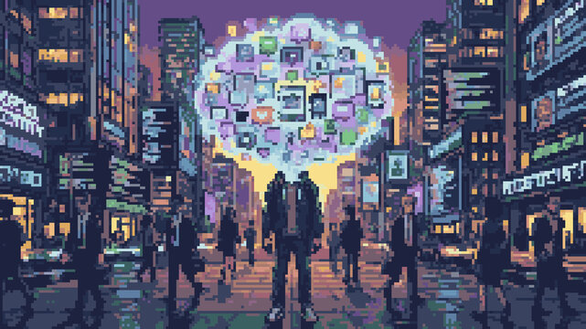 Pixel art of a person standing in a crowded city street with a head exploding into social media icons and digital data