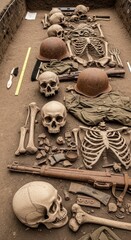 Naklejka premium Scattered Human Skulls and Skeletons with Military Artifacts