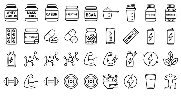 Fitness and nutrition supplements icon set a comprehensive collection for health and wellness applications