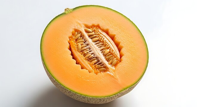 Fresh melon sliced in half showing juicy texture and seeds, bright natural lighting, and clean background, highlighting refreshing fruit and healthy food concept.
