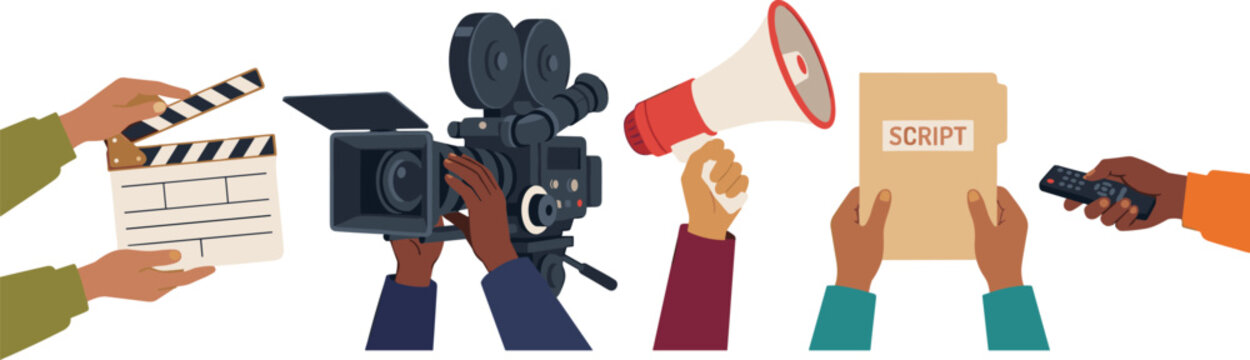 Set of Film Production Icons Featuring Clapperboard, Camera, Megaphone, Script, and Remote for Movie Industry and Media Designs