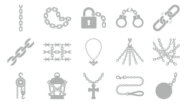 A collection of various chain and link-related icons, including handcuffs, a padlock, a broken chain, and a ball and chain.