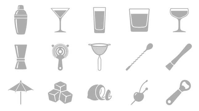 A collection of essential bar tools and cocktail garnishes, presented in a clean, minimalist grey icon style.