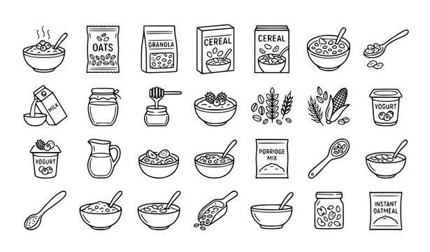 Breakfast food doodle set a collection of hand drawn icons representing cereal oats yogurt and related items