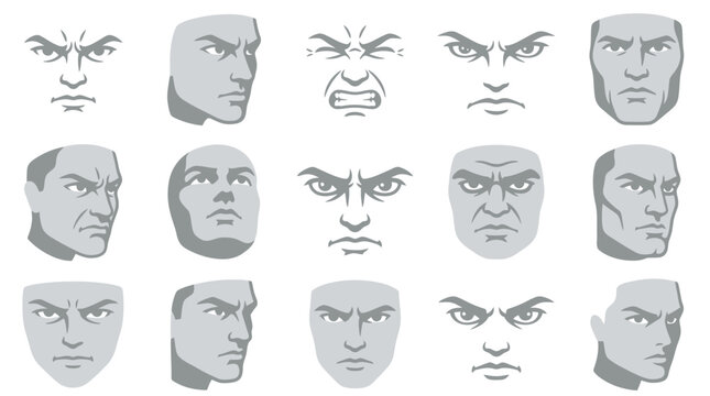 Collection of stylized facial expressions depicting various intense emotions, primarily anger and determination, shown from multiple angles.