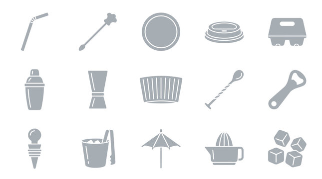 A collection of various bar tools and accessories, including a shaker, jigger, strainer, ice bucket, and bottle opener, presented in a clean, minimalist grey icon style.