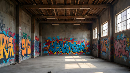 Vivid graffiti art in abandoned warehouse. Urban street art masterpieces. Ultra-realistic graffiti techniques 2023. Explore graffiti in deserted locations.