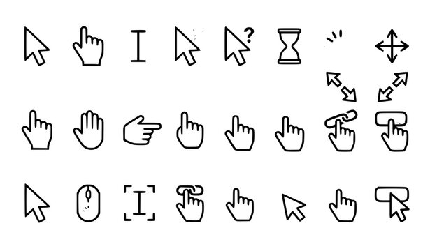 Collection of hand drawn cursor and hand icons representing interaction control and user interface elements