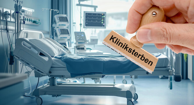 Ein Holzstempel ist beschriftet mit dem Aufdruck Kliniksterben &uuml;ber dem Bild von einem Krankenzimmer mit Bett in einem Krankenhaus - FOTOMONTAGE