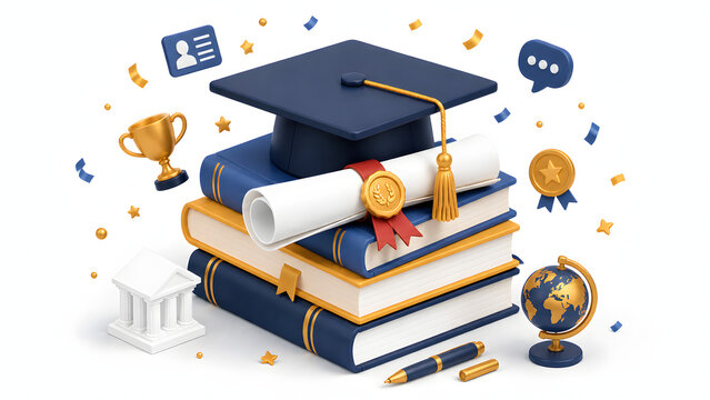 Academic achievement and success 3D illustration with navy blue and gold accents