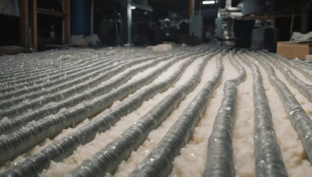 Long, parallel metallic tubes laid on a soft, white substance filling the floor of an industrial space